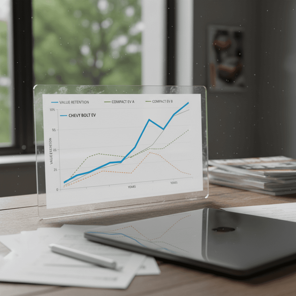 Illustrated comparison chart showing Chevy Bolt EV depreciation versus several other compact electric vehicles over eight years