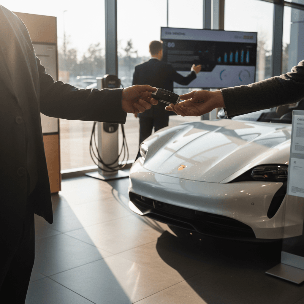 Seller handing over keys of a Porsche Taycan to a buyer inside a modern showroom, illustrating a successful EV sale