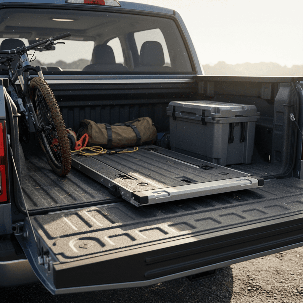 Electric pickup truck bed with midgate open, showing extended cargo space into the cabin