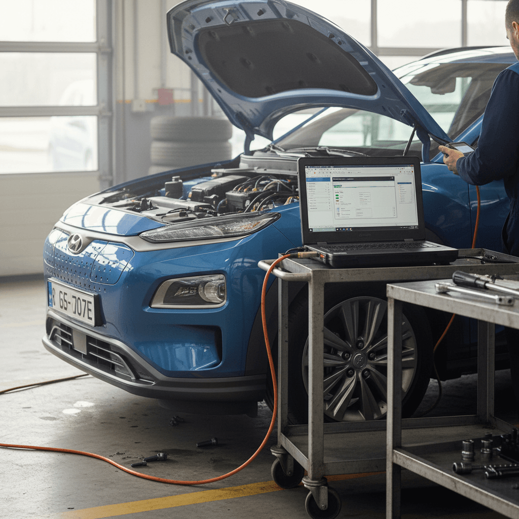 Technician connecting a diagnostic tablet to a 2024 Hyundai Kona Electric in a dealership service bay