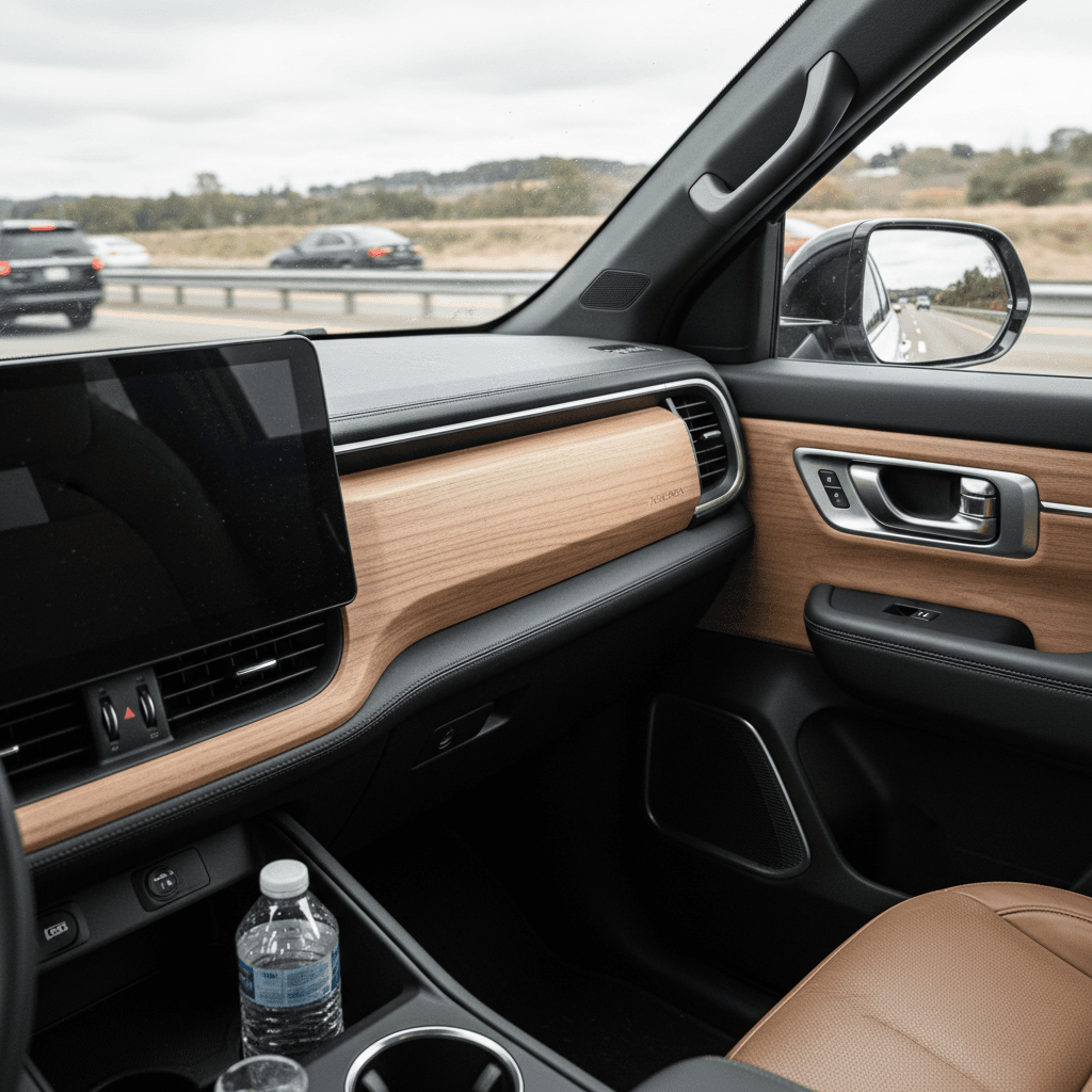 Interior of a Rivian R1T cruising at highway speed with passengers talking comfortably, illustrating its relatively low cabin noise
