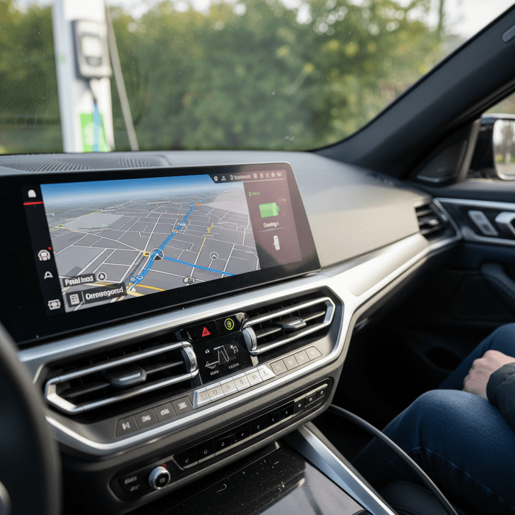 Driver sitting in a 2022 BMW i4 with the curved display showing navigation and charging status while plugged in