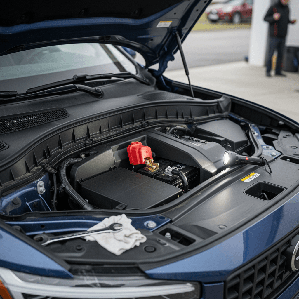 Service access under the Volvo EX90 front hood where technicians reach the 12V service terminals