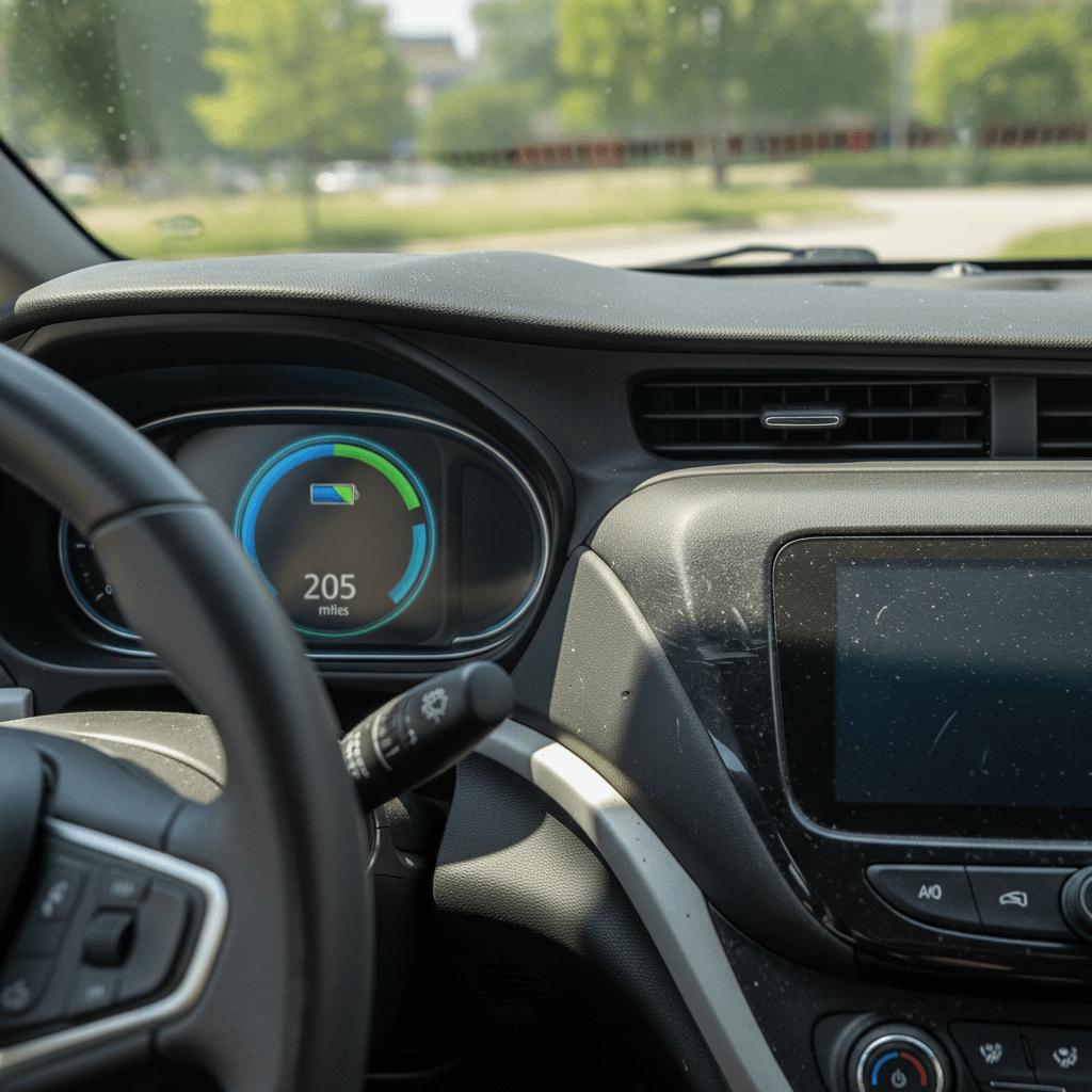 Chevrolet Bolt EV interior dashboard showing battery charge and range estimate, emphasizing the importance of battery health to depreciation.