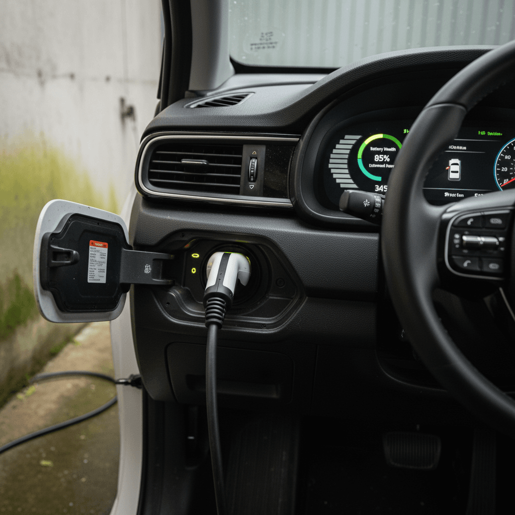 Close-up of a Kia Niro EV charging port and in-car display showing battery percentage and estimated range