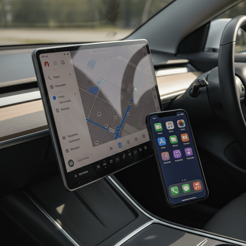 Tesla center touchscreen showing Tesla navigation next to an iPhone displaying Apple CarPlay app icons