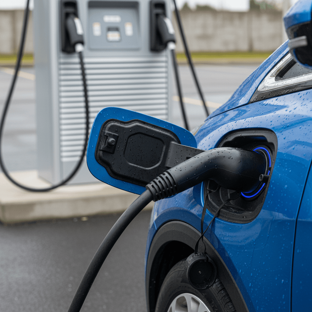 2021 Chevrolet Bolt EV plugged into a CCS DC fast charger with close view of the port and connector