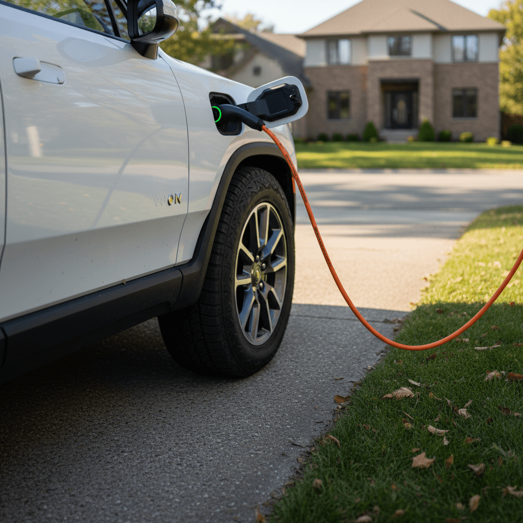 Rivian R1T charging in a driveway, close up on wheel and charging cable