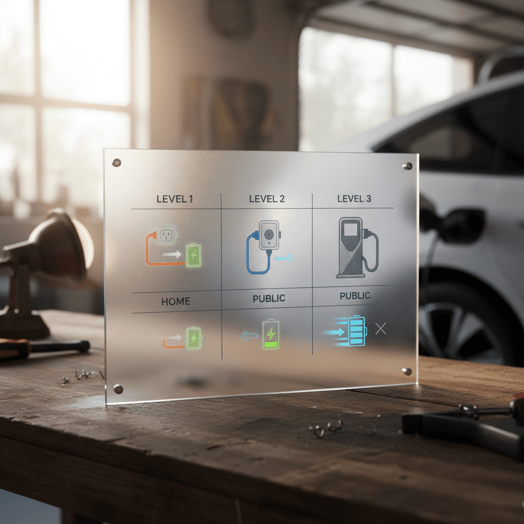 Simple chart comparing charging speeds for Level 1, Level 2, and Level 3 EV charging at home and public stations