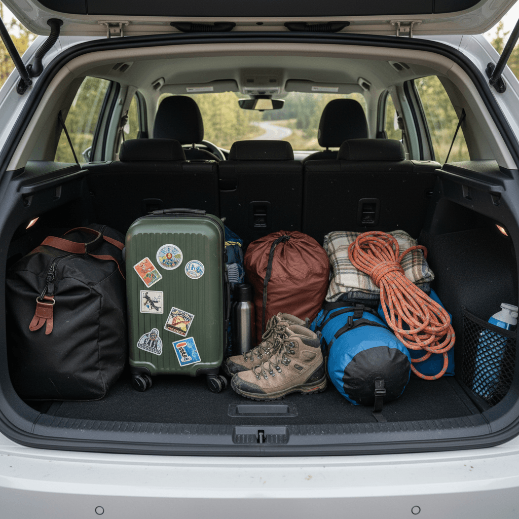 Volkswagen ID.4 rear cargo area with rear seats folded flat and loaded with camping gear