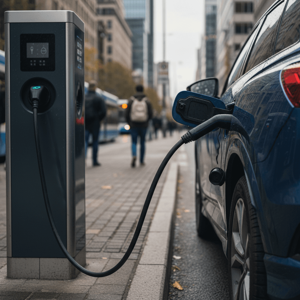 2024 Audi Q4 e-tron charging at a public DC fast charger in an urban parking area