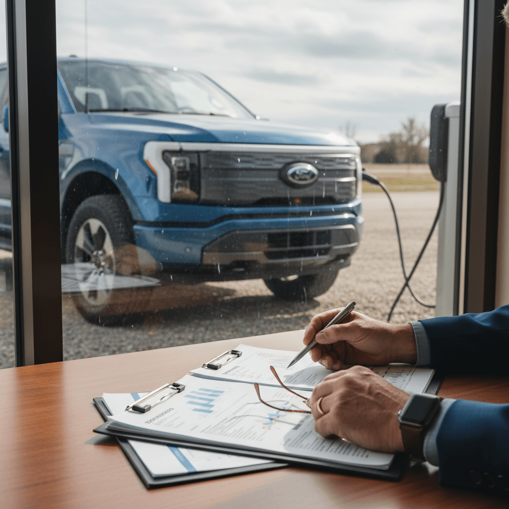 Insurance agent and Ford F-150 Lightning owner discussing coverage options with the truck visible through a window