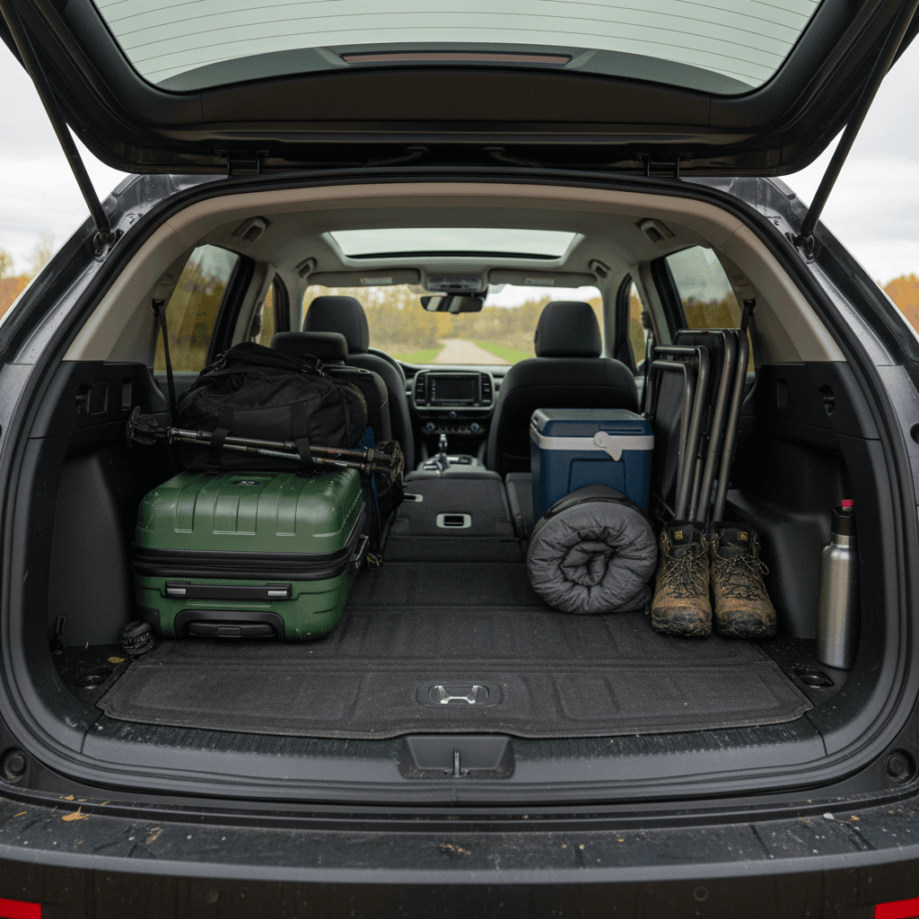 Honda Prologue cargo area with rear seats folded flat and luggage loaded to show usable storage space
