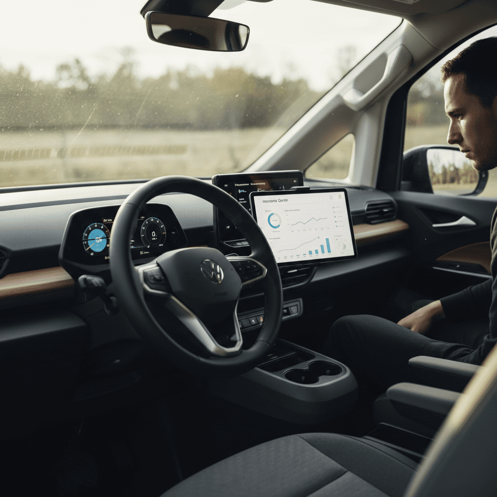 Driver sitting in a Volkswagen ID. Buzz reviewing insurance options on a tablet inside the cabin