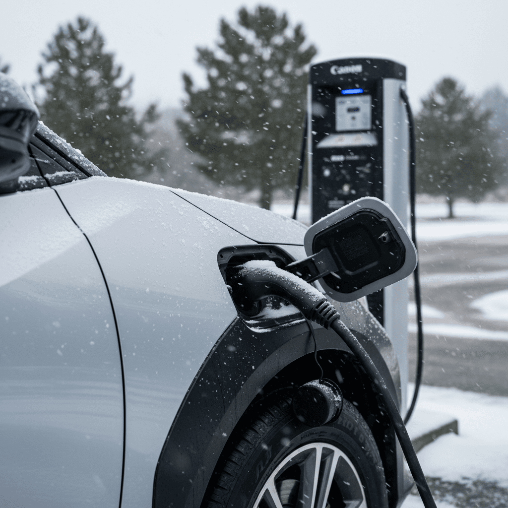 Toyota bZ4X charging at a public station in light snow, close-up on charging cable and frosty body panels