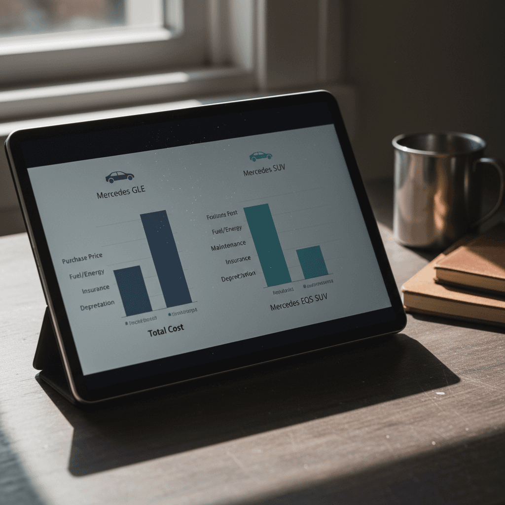 Tablet showing side-by-side charts comparing Mercedes GLE and Mercedes EQS SUV ownership costs over five years
