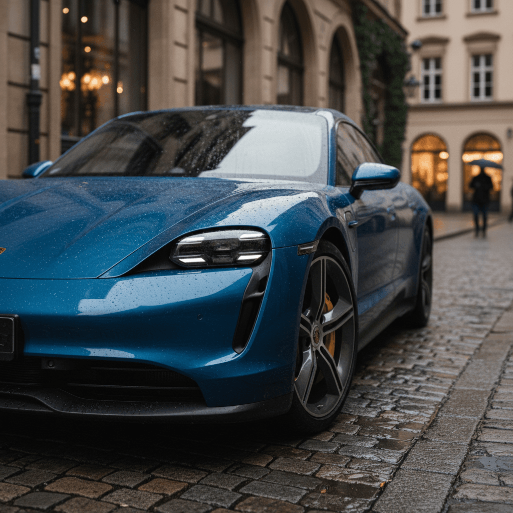 A Porsche Taycan executive electric sedan parked in an urban setting