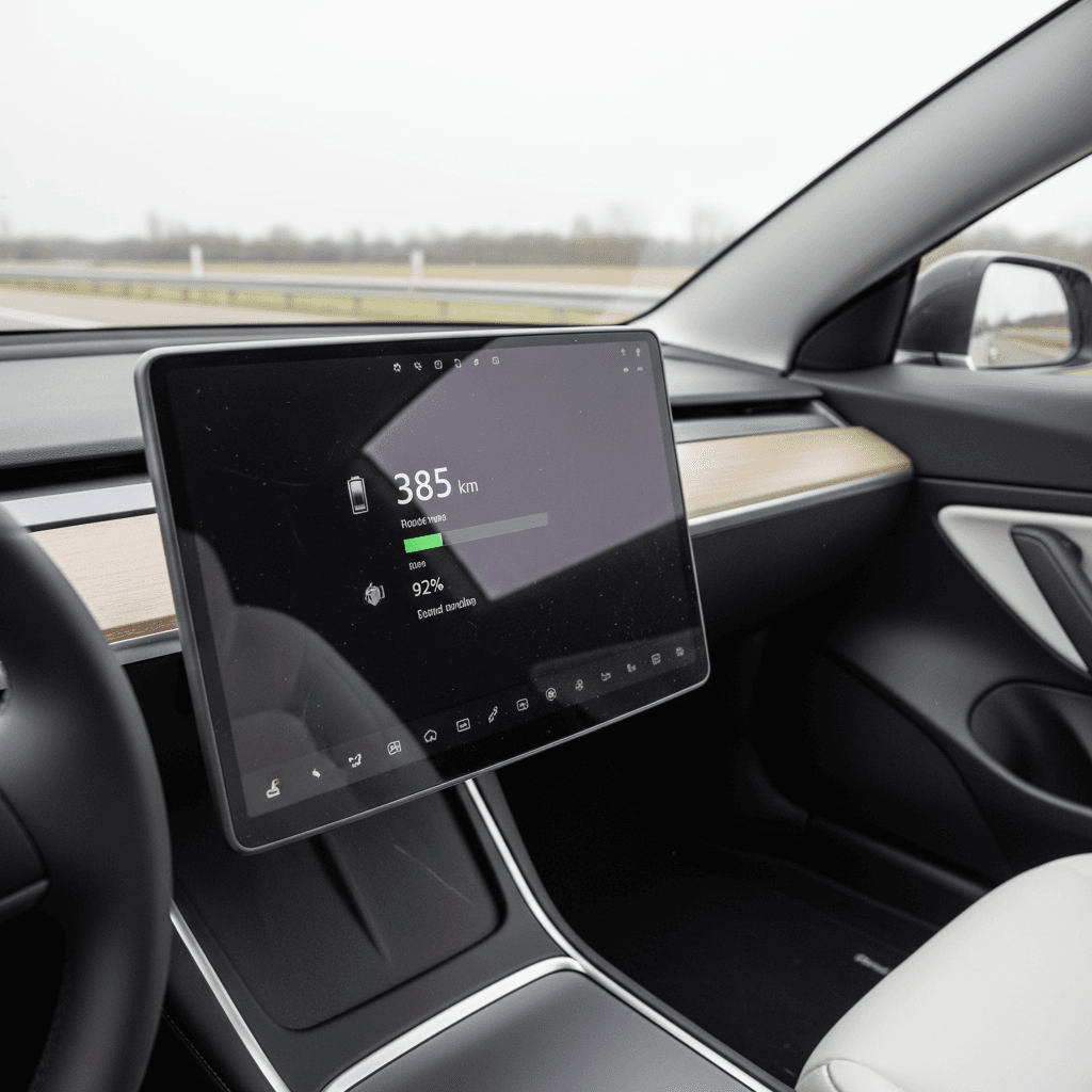 Tesla Model 3 interior dashboard showing range estimate and battery health status on screen