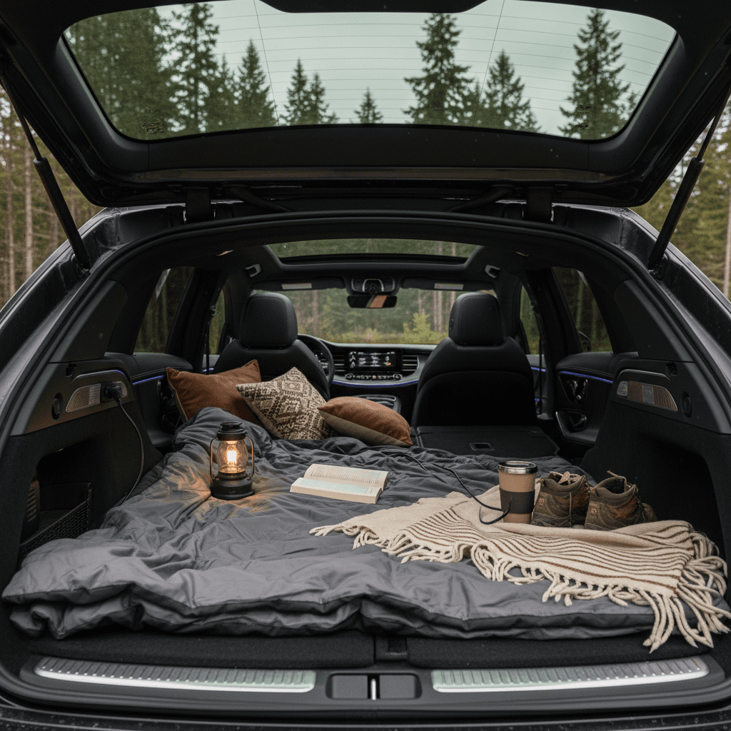 Mercedes EQS rear seats folded down with bedding laid out to show a simple sleep setup