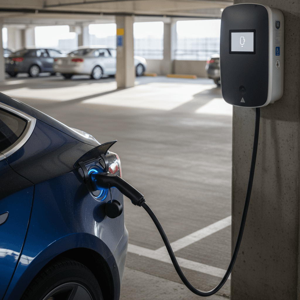Electric car plugged into a public Level 2 charging station in a Charlotte parking deck