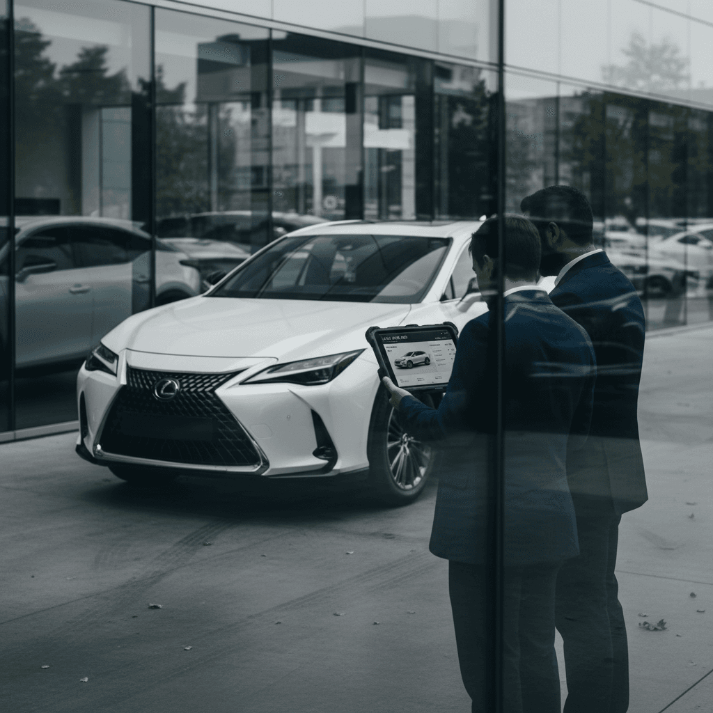 Owner and appraiser reviewing battery health and trade‑in report for a Lexus RZ 450e