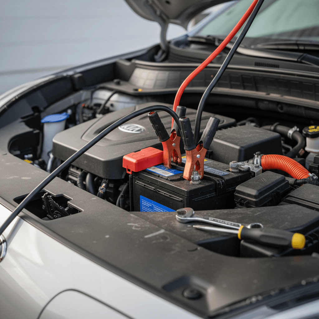Close-up of a Kia Niro EV 12V battery under the hood with basic hand tools nearby