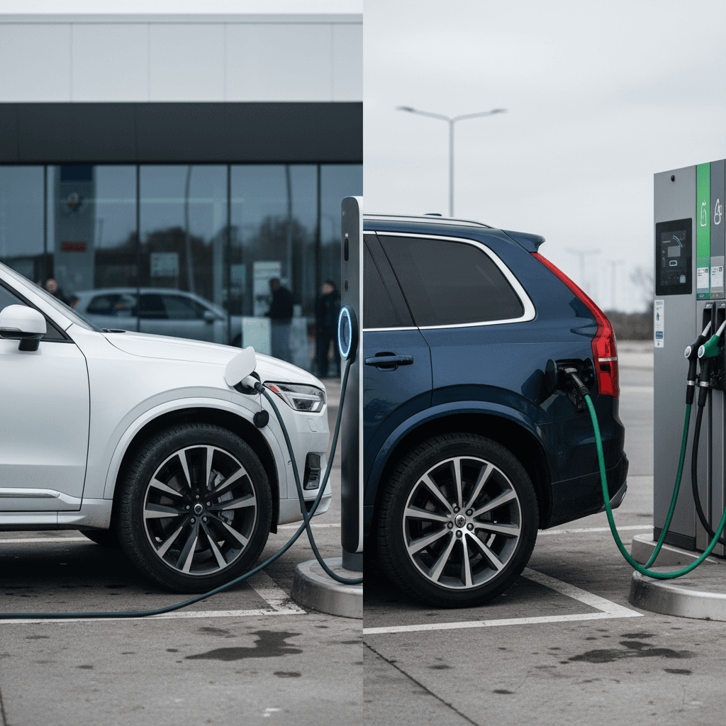 Volvo EX90 electric SUV next to gas Volvo XC90 at charging station and gas pump