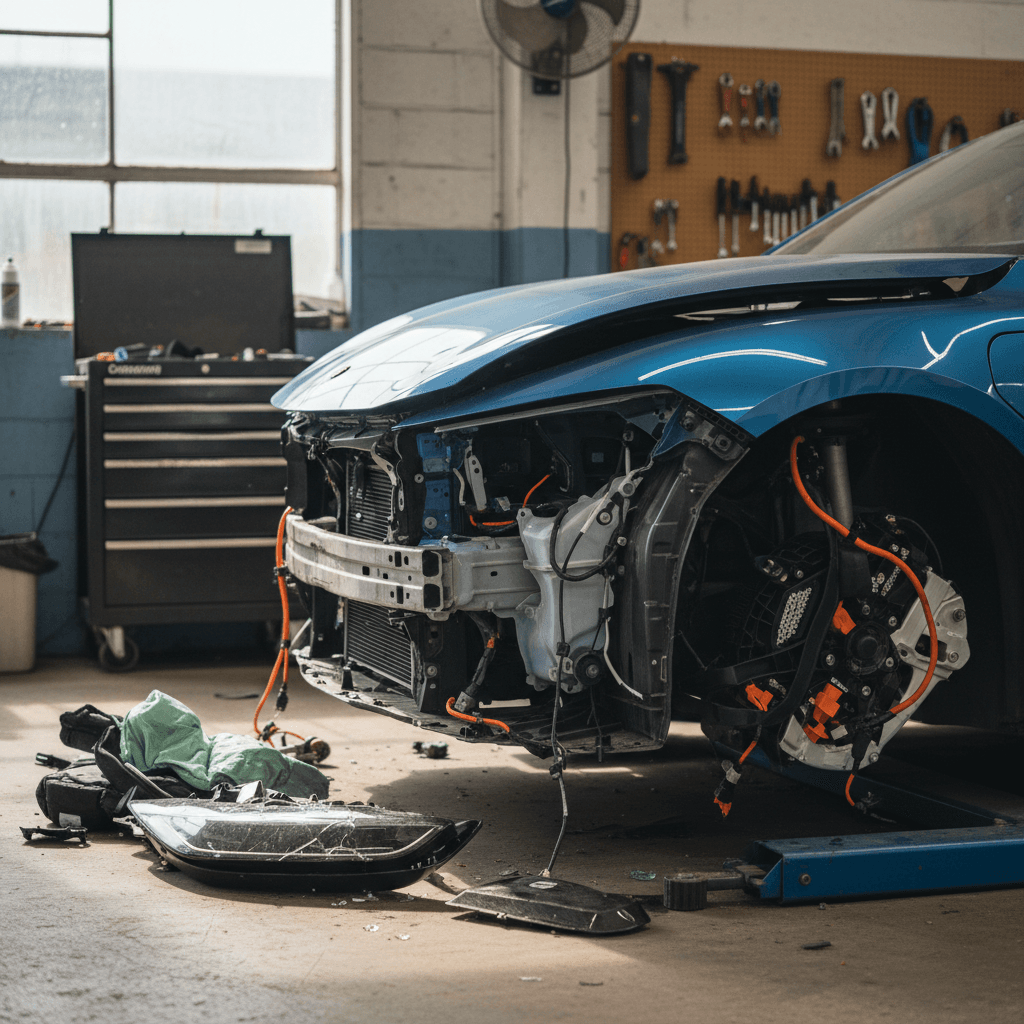 Technician working on an electric car in a collision repair body shop