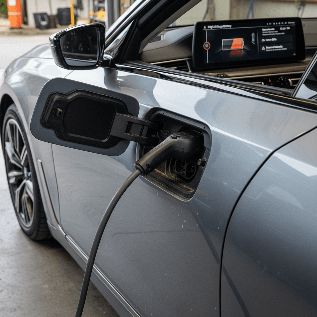 Close view of a BMW i7 charging port and digital battery status display while plugged in