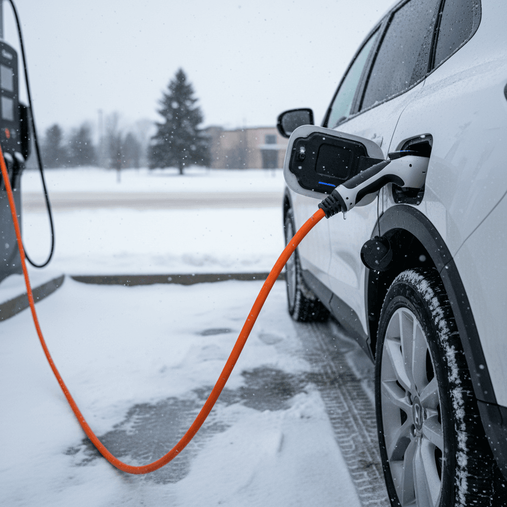 Honda Prologue charging at a DC fast charger in a snowy parking lot during winter