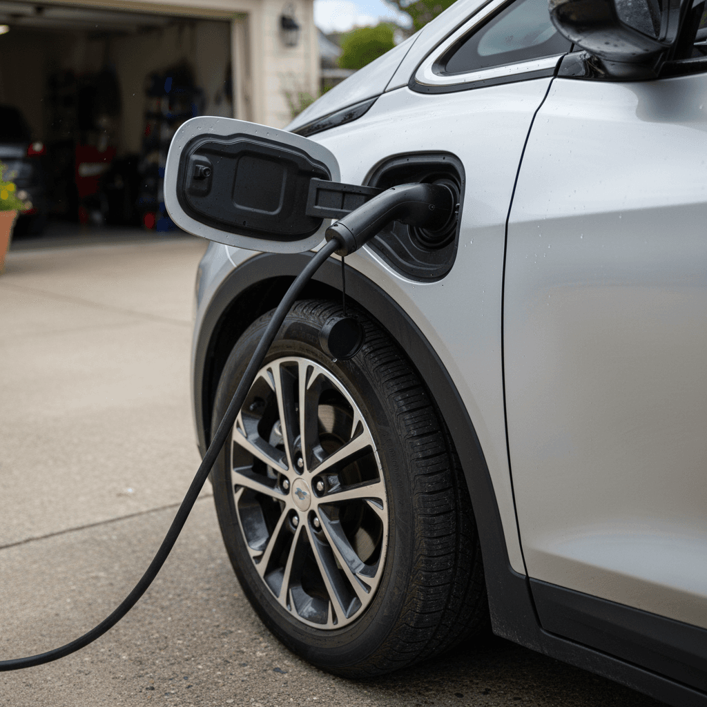 Close-up of a Chevrolet Bolt EV charging port and front wheel on a driveway