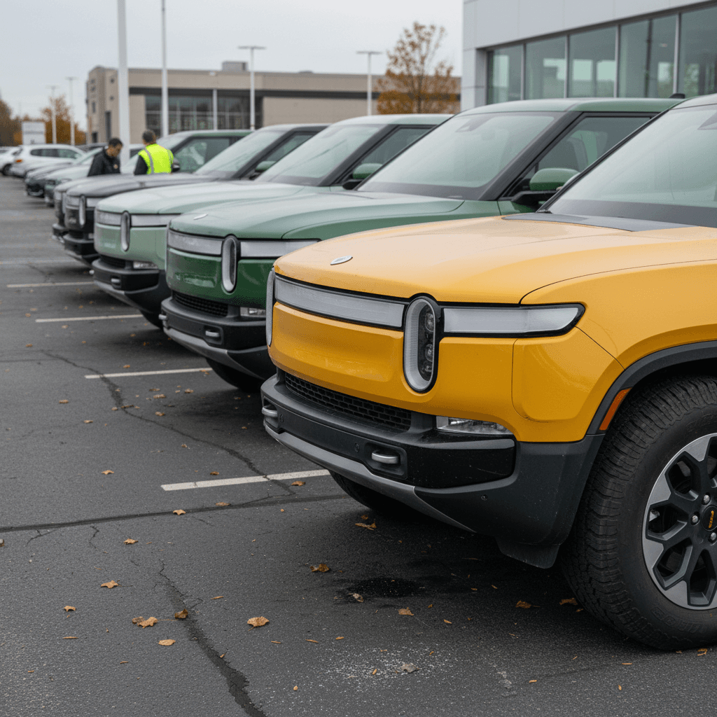 Line of used Rivian R1T electric pickup trucks parked on a dealer lot, illustrating the spread of resale values in 2026.