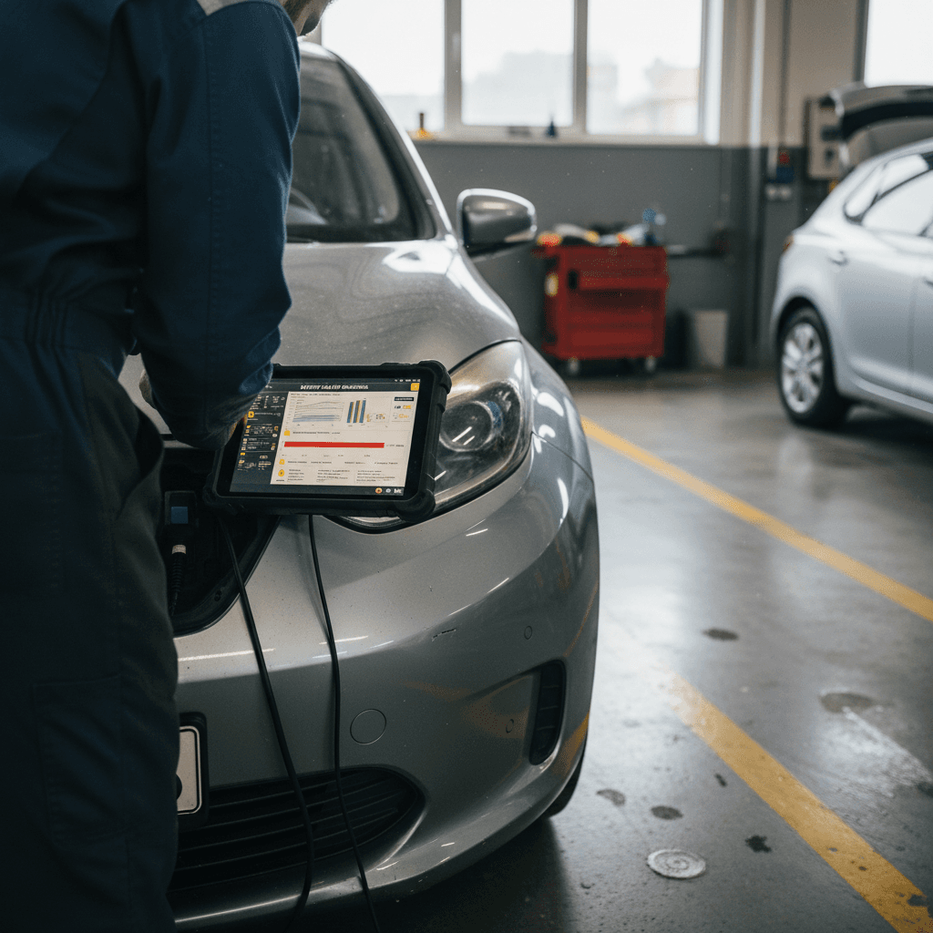 Technician reading an EV battery health diagnostic report on a tablet while connected to a used electric car