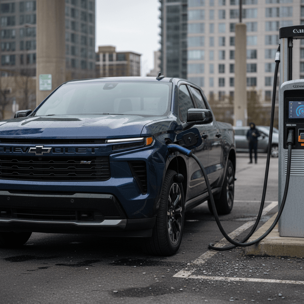 Chevy Silverado EV plugged into a public DC fast charger in a parking lot