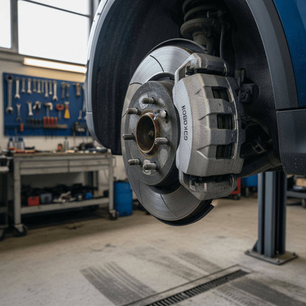 Mechanic checking front brake caliper and pad thickness on a Mercedes EQB SUV