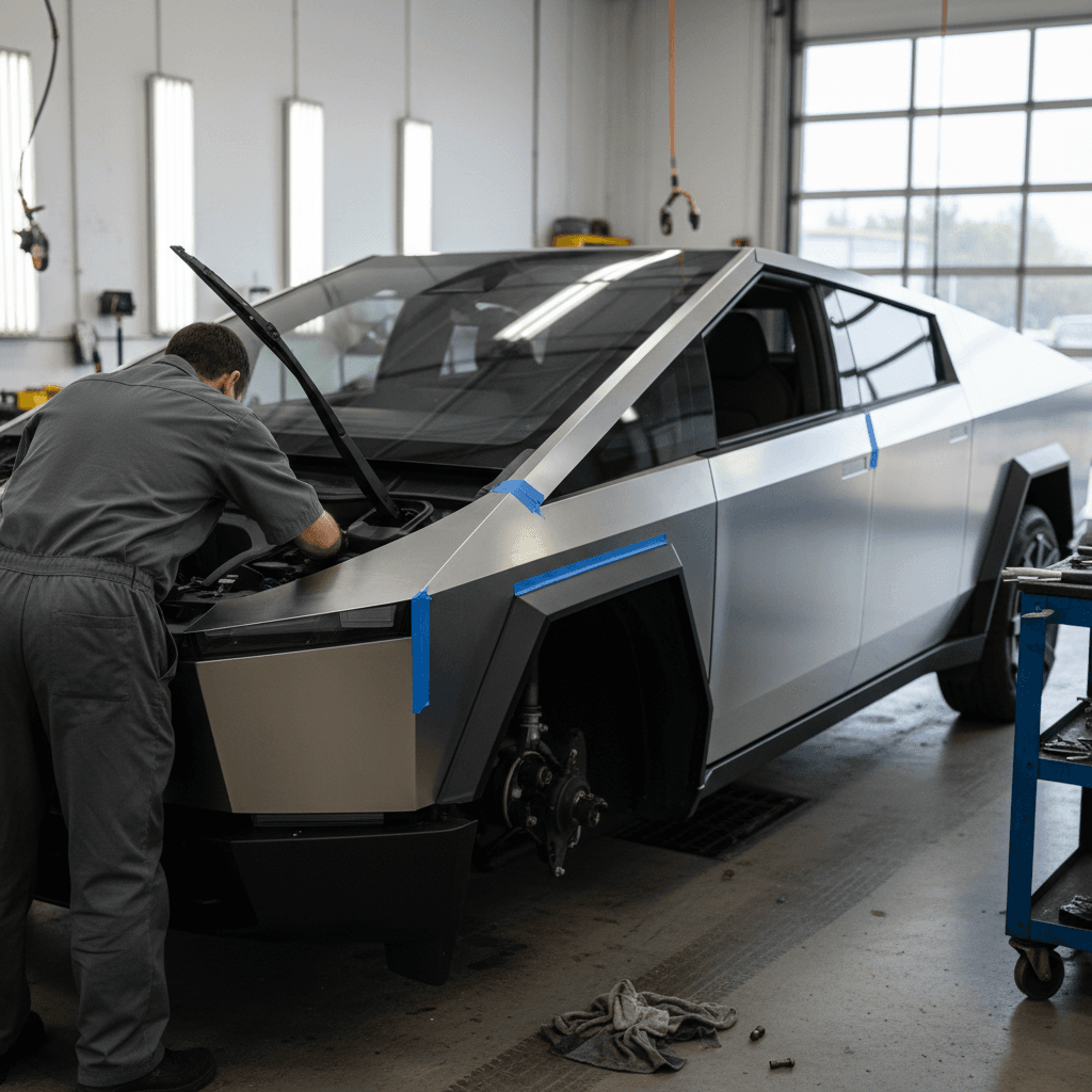 Tesla Cybertruck in a service bay while a technician checks wiper alignment and body panel gaps