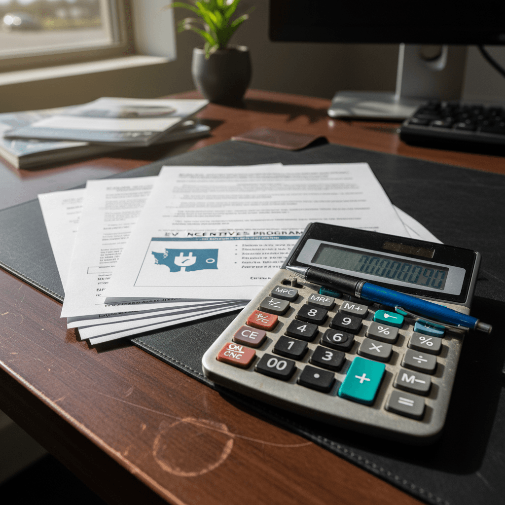 EV lease contract and calculator on a dealership desk illustrating monthly payment calculations