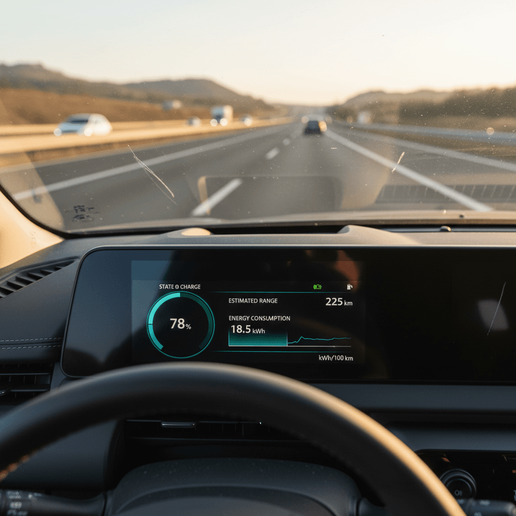 Nissan Ariya digital display showing battery state-of-charge, remaining range, and energy use while driving on the highway