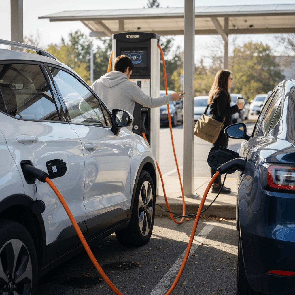 Late-model compact electric SUV and sedan charging at a public fast charger, drivers standing nearby
