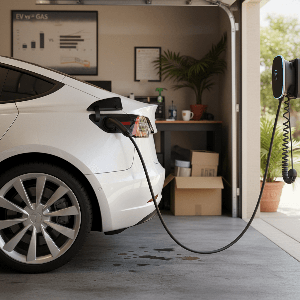 Electric car plugged into a Level 2 home charger in a South Florida style garage