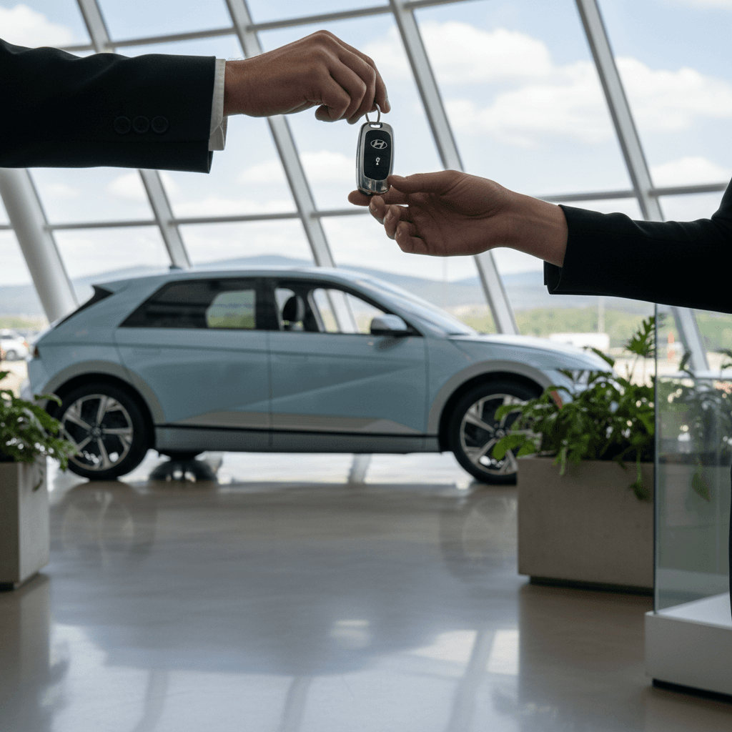 EV specialist at a Virginia dealership reviewing a Hyundai IONIQ 5 appraisal report with the owner