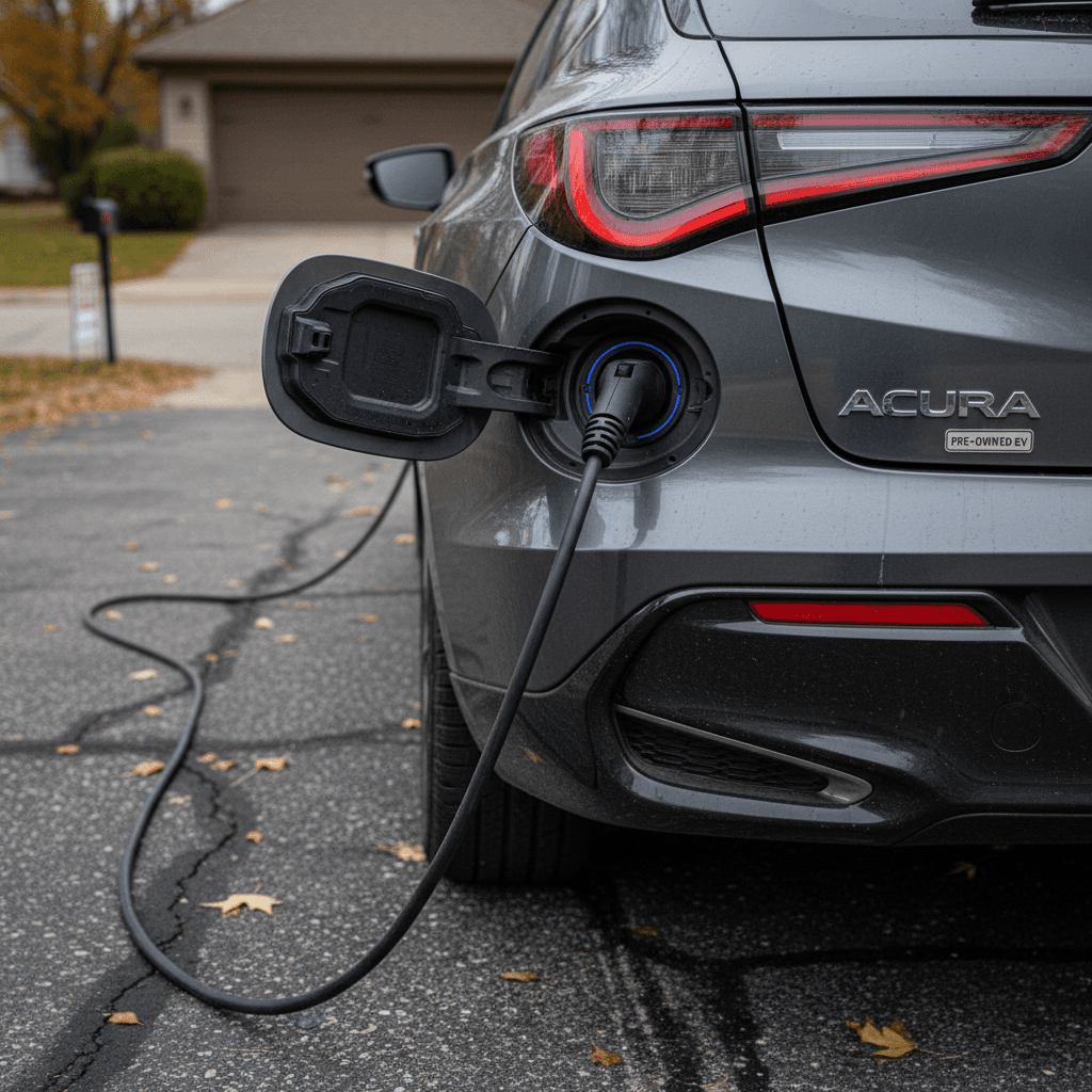 Acura ZDX plugged into a home charger, focusing on the rear badge and charge port