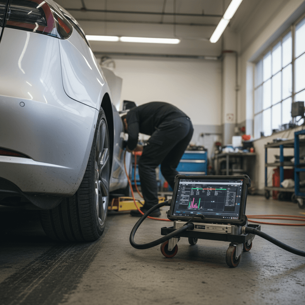 Technician using diagnostic equipment to run a battery health scan on a used electric car