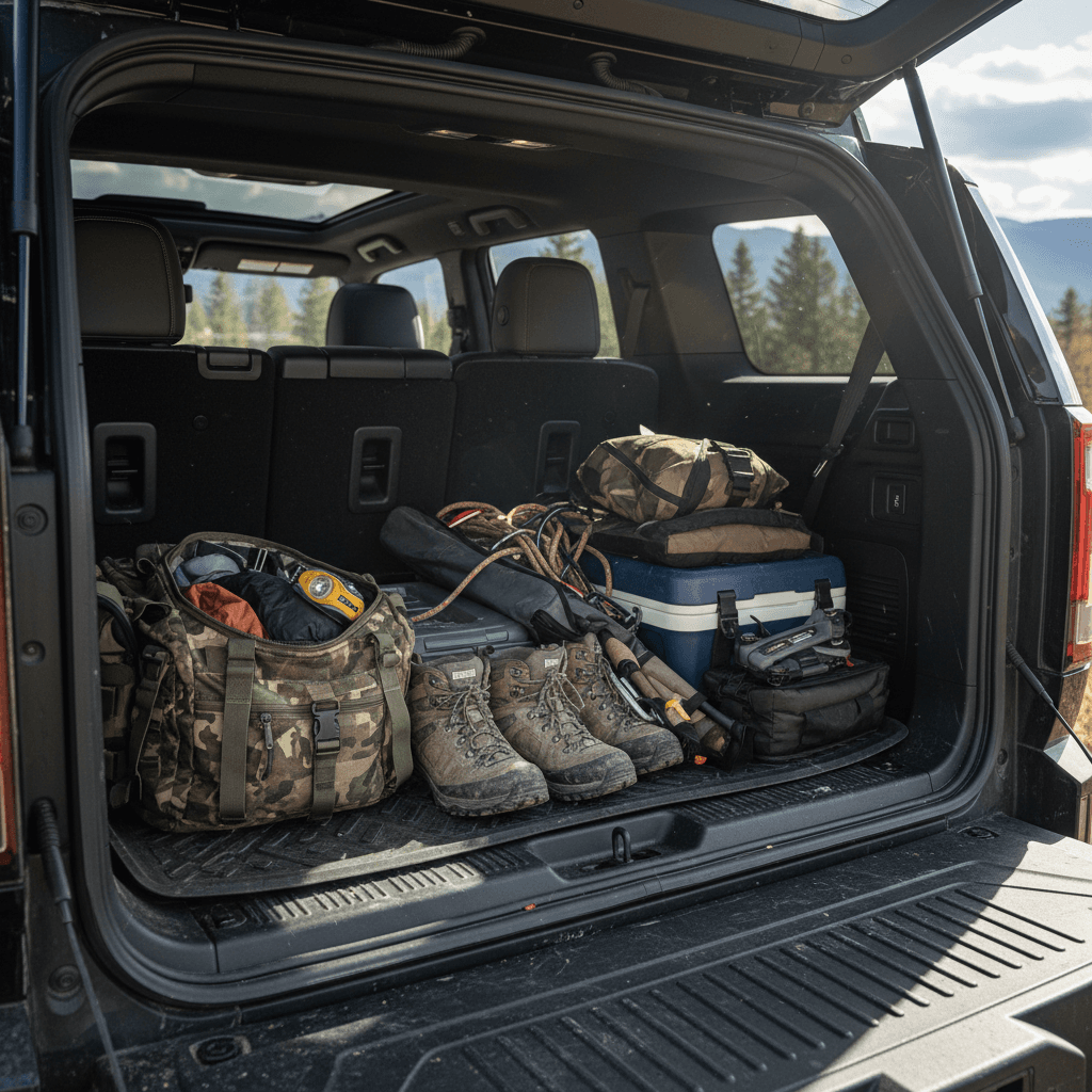 GMC Hummer EV SUV rear cargo area with second row folded and camping gear packed