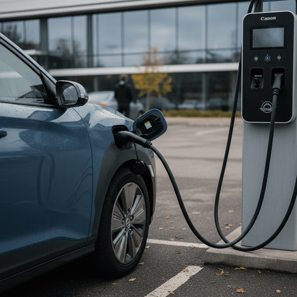 Blue 2021 Hyundai Kona Electric plugged into a public DC fast charger at a modern charging plaza