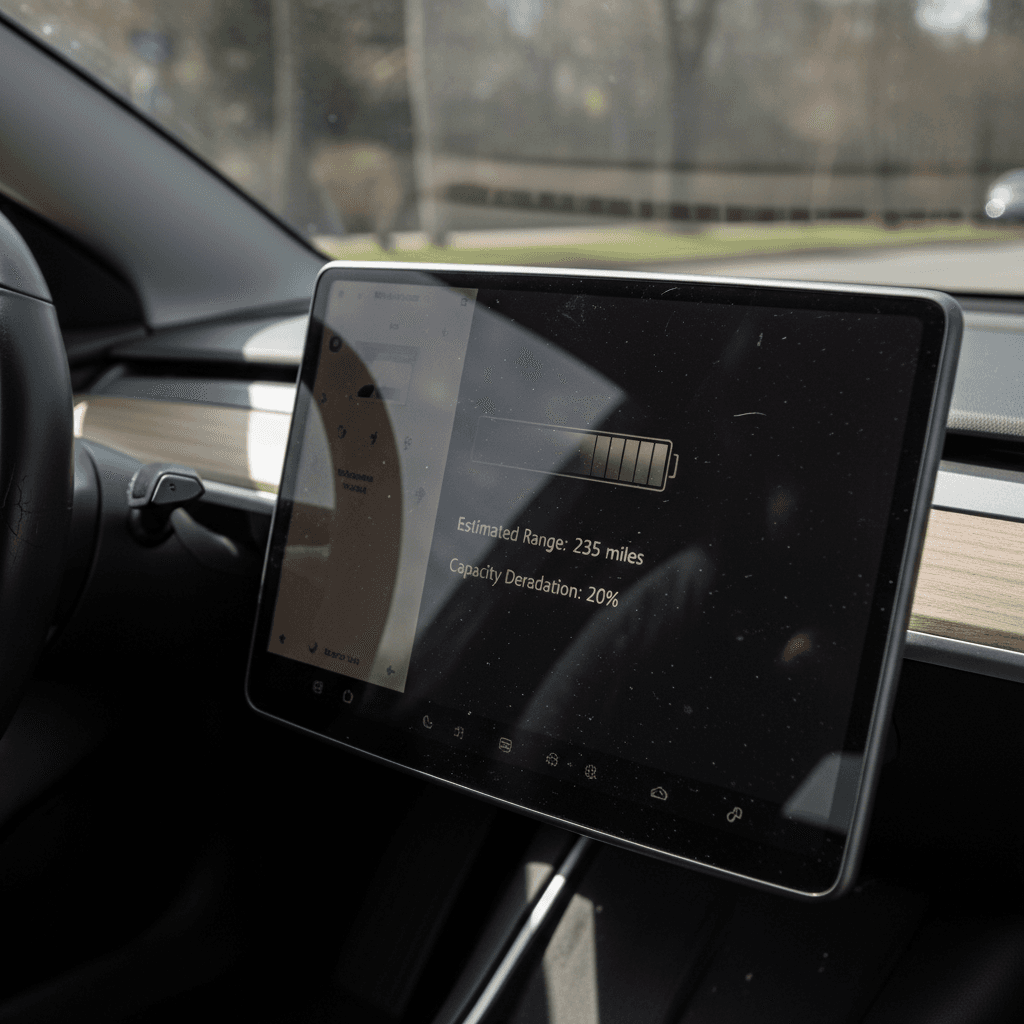 Digital instrument cluster of a used Tesla highlighting battery health and estimated range