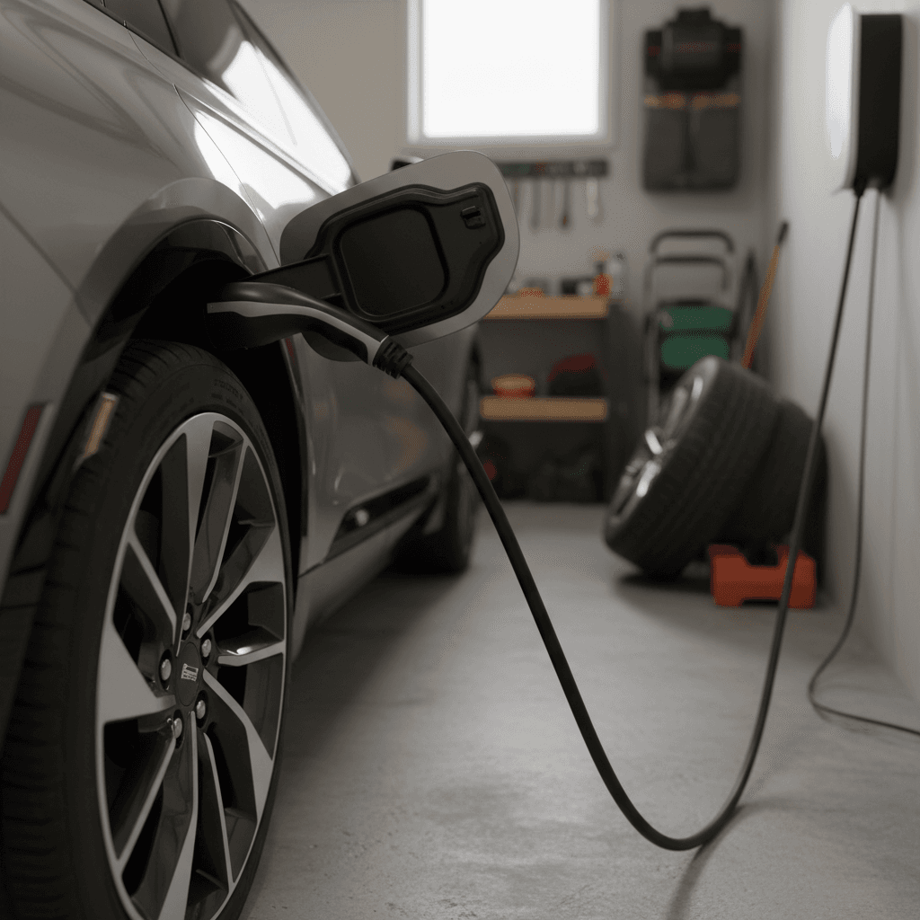 Cadillac Lyriq plugged into a Level 2 home charger near the front wheel and charge port