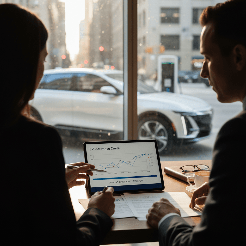 Insurance agent reviewing coverage options with a Cadillac Lyriq owner in a bright modern office