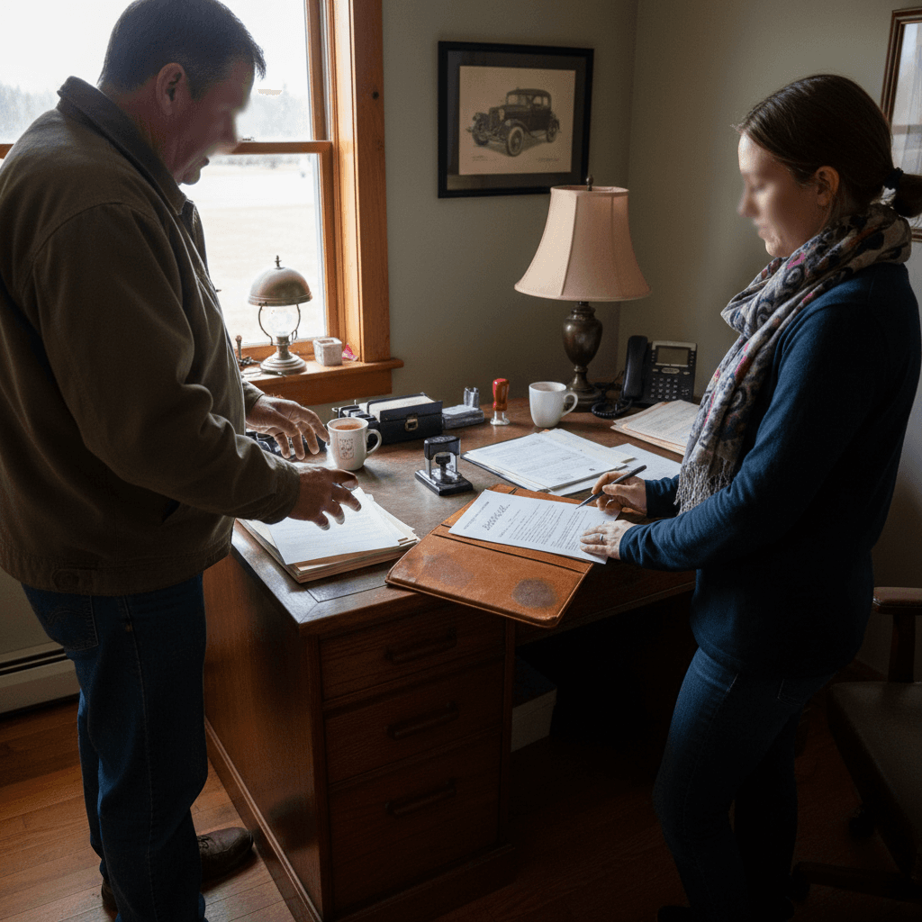 Pennsylvania car seller and private buyer sitting with a notary to complete a vehicle title transfer