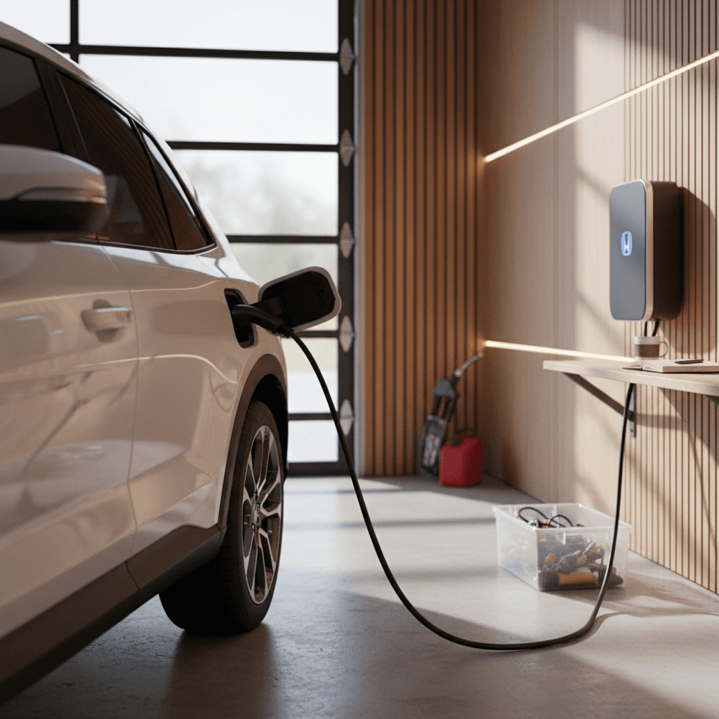Honda Prologue plugged into a Level 2 home charger in a modern two-car garage